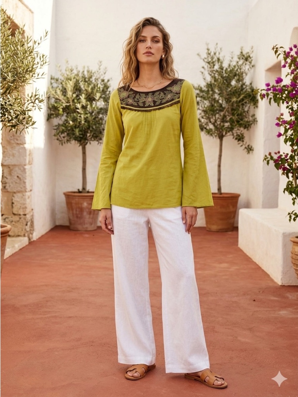 NWT SEPIA Boho Embroidered Tunic Blouse – Chartreuse/Lime – XS